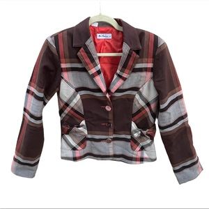 Ben Sherman Jacket Blazer Women’s Size M Plaid Brown Orange Lined Pockets Croppe
